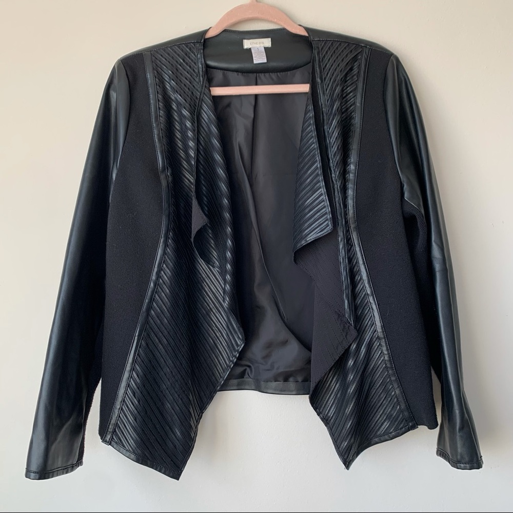 Chico's Faux Leather Mixed Media Moto Jacket Size 1 Black Pleated Vegan Leather
